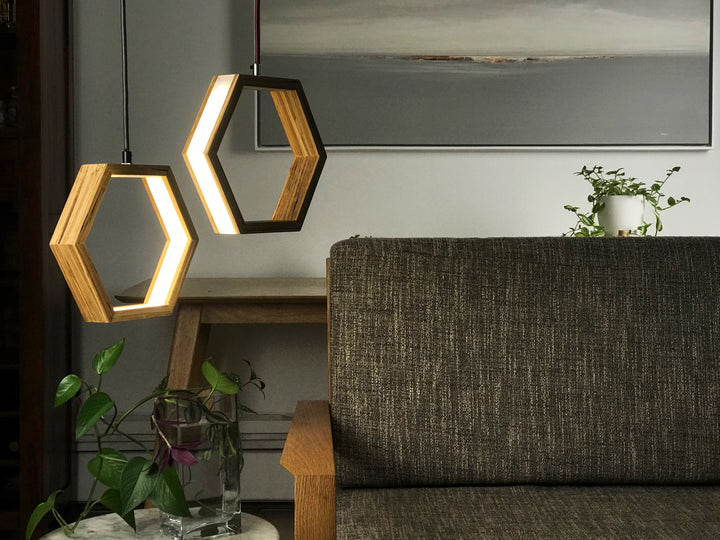 Hexagon pendant lights customizable sizes in walnut and maple wood options!