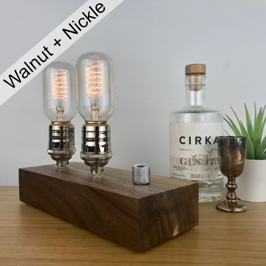 EDISON Double - Walnut and BRASS with Dimmer | dimmable wood table & desk lamp with Edison bulb