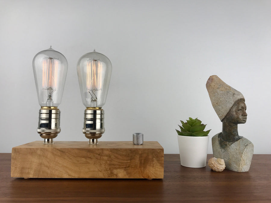EDISON Double - Maple and NICKLE with Dimmer | dimmable wood table & desk lamp with Edison bulb