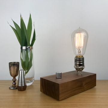 EDISON Single - Black Walnut and NICKLE with Dimmer | dimmable wood table & desk lamp with bulb
