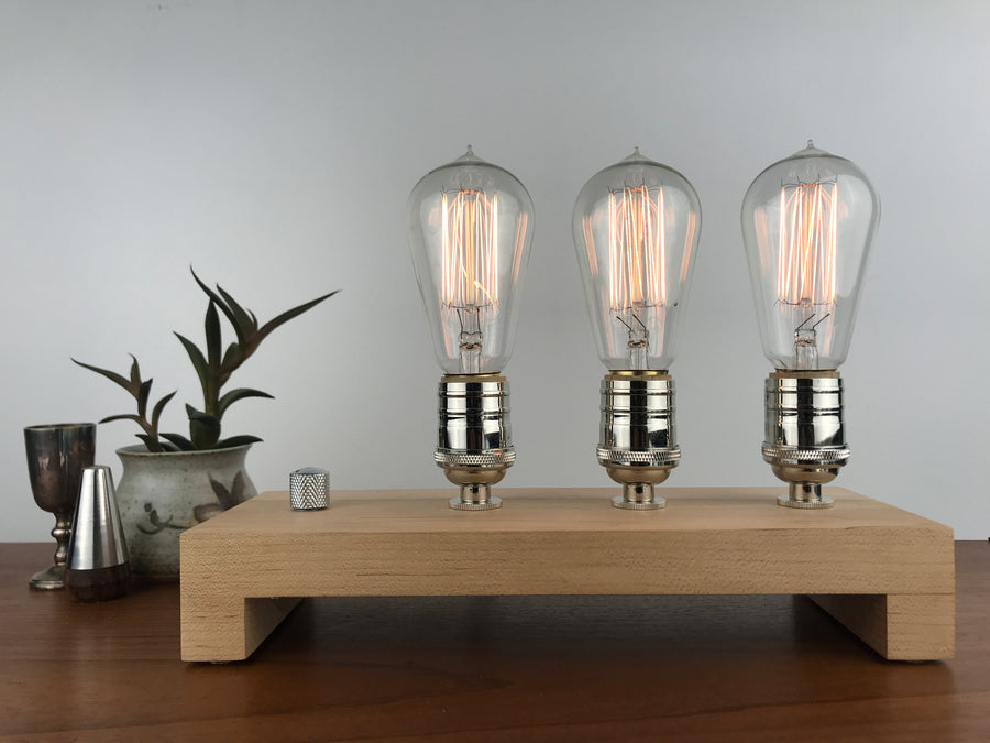 TESLA Triple - Maple and NICKLE with Dimmer #2 | dimmable wood table & desk lamp with Edison bulbs