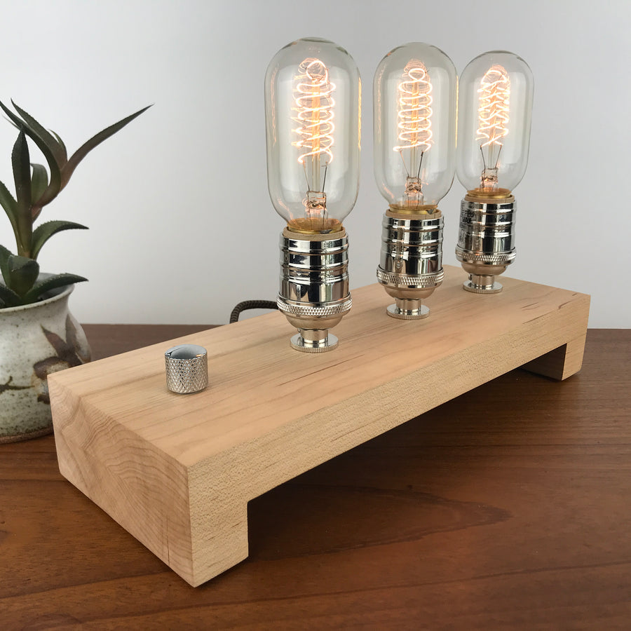 TESLA Triple - Maple and NICKLE with Dimmer #2 | dimmable wood table & desk lamp with Edison bulbs