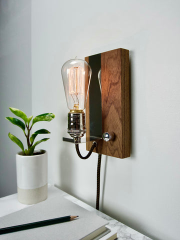 SCONCE - portable plug in wall light! | Walnut & Nickle accent light with dimmer and Edison bulb