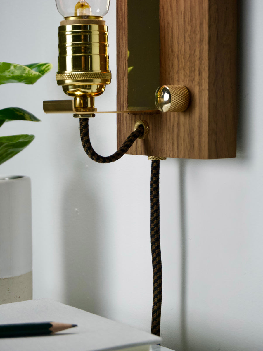 SCONCE - portable plug in wall light! | Walnut & Gold accent light with dimmer and Edison bulb