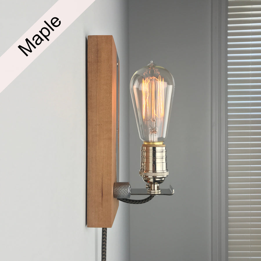 SCONCE - portable plug in wall light | Maple wood accent light with dimmer and Edison bulb