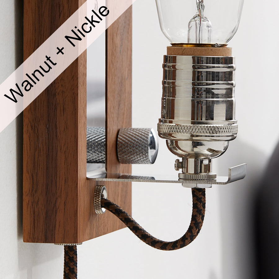 SCONCE - portable plug in wall light! | Walnut & Nickle accent light with dimmer and Edison bulb