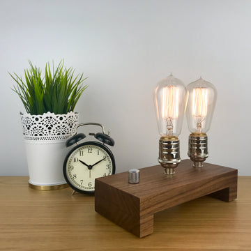 TESLA Double - Black Walnut with NICKLE and Dimmer | dimmable wood table lamp with bulbs