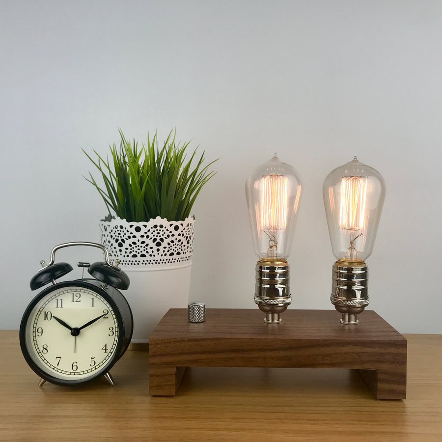 TESLA Double - Black Walnut with NICKLE and Dimmer | dimmable wood table lamp with bulbs